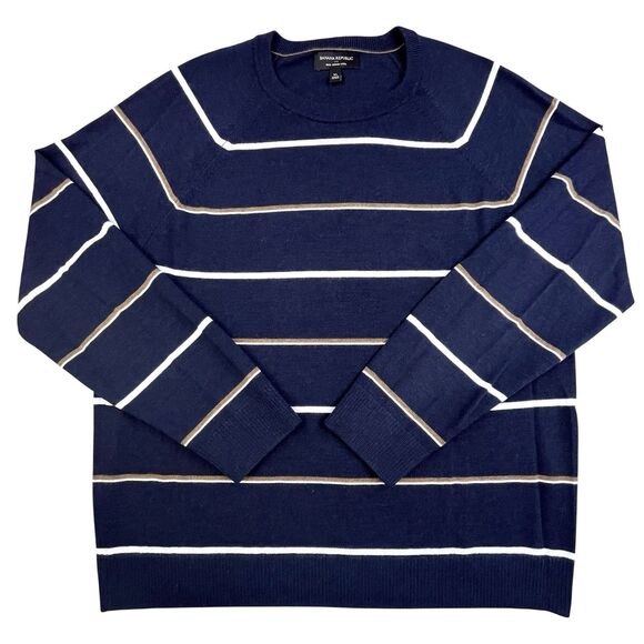 Banana Republic Merino Wool Sweater Mens XL Blue Striped Tight Knit Crew Neck - Picture 1 of 8